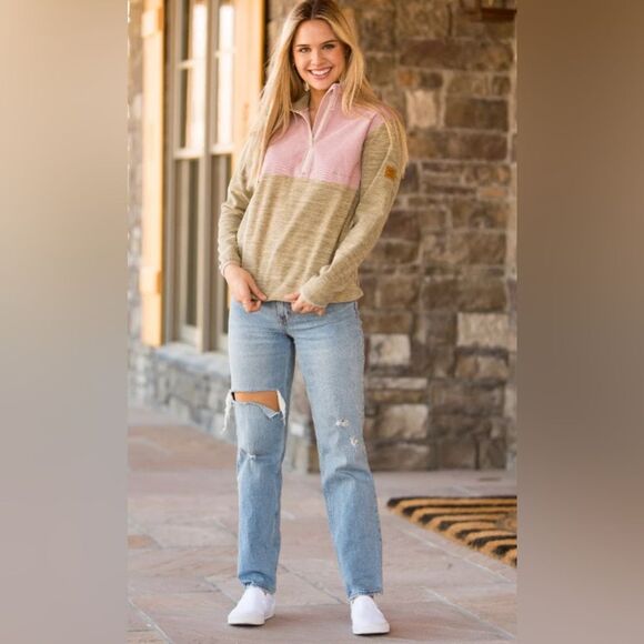 Simply Southern khaki and pink courdoroy and fleece pullover size large NWT - Picture 1 of 8